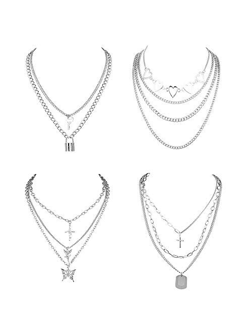 FINREZIO 4-6Pcs Layered Chain Necklaces Set for Women Men Punk Heart Cuban Chunky Chain Necklace Statement Butterfly Lock Key Pendant Necklace