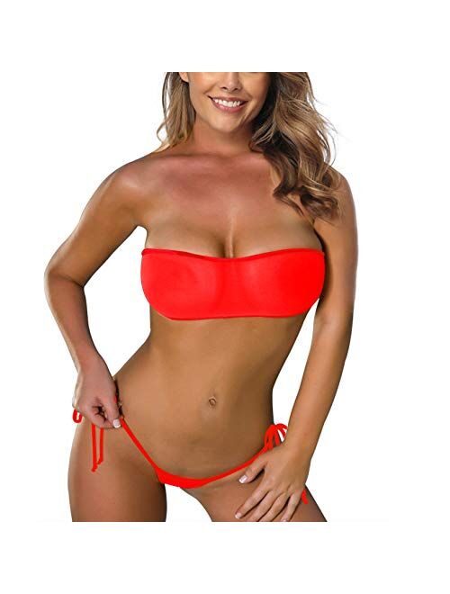 SHERRYLO Sheer Bikini See Through Bikinis Bandeau Top Mini Brazilian Thong Bottom Micro Mesh Bathing Suit