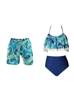 WPNAKS Couple Macthing Swimsuits Swim Trunk and High Waist Bikini Set Beach Swimwear Bathing Suit for Women Men