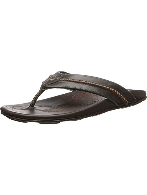 OluKai Mea Ola Men's Beach Sandals, Premium Leather Flip-Flop Slides, Compression Molded Footbed & Comfort Fit, Laser-Etched Design