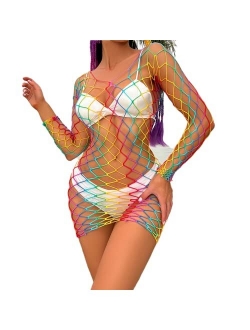 Zgmyc Women Rave Rainbow Striped Push Up Swimsuit Bikini See Through Mesh Bodysuit Beachwear for Dance Festivals