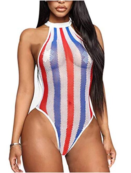 Dolce Na Womens Sexy Rainbow Striped Bikini One Piece Swimsuit See Through Mesh Bodysuit Beachwear