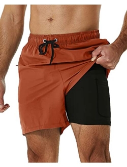 SILKWORLD Men's Swimming Trunks with Compression Liner 2 in 1 Quick-Dry Swim Shorts with Zipper Pockets