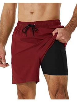 SILKWORLD Men's Swimming Trunks with Compression Liner 2 in 1 Quick-Dry Swim Shorts with Zipper Pockets