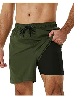 SILKWORLD Men's Swimming Trunks with Compression Liner 2 in 1 Quick-Dry Swim Shorts with Zipper Pockets