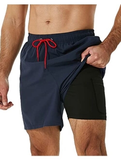 SILKWORLD Men's Swimming Trunks with Compression Liner 2 in 1 Quick-Dry Swim Shorts with Zipper Pockets