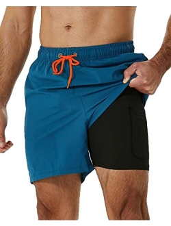 SILKWORLD Men's Swimming Trunks with Compression Liner 2 in 1 Quick-Dry Swim Shorts with Zipper Pockets