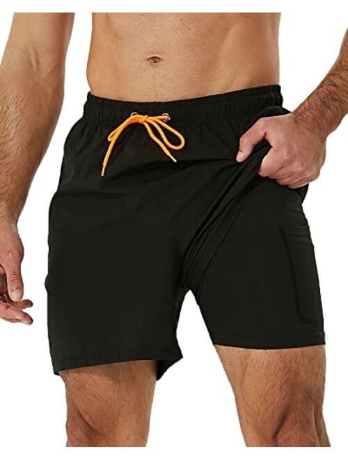 SILKWORLD Men's Swimming Trunks with Compression Liner 2 in 1 Quick-Dry Swim Shorts with Zipper Pockets