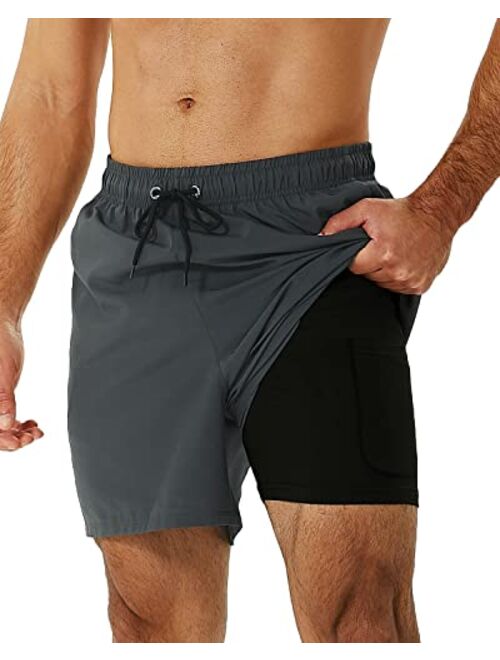 SILKWORLD Men's Swimming Trunks with Compression Liner 2 in 1 Quick-Dry Swim Shorts with Zipper Pockets