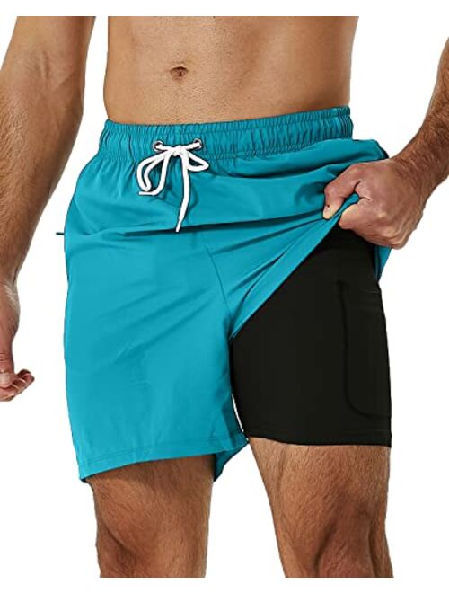 SILKWORLD Men's Swimming Trunks with Compression Liner 2 in 1 Quick-Dry Swim Shorts with Zipper Pockets