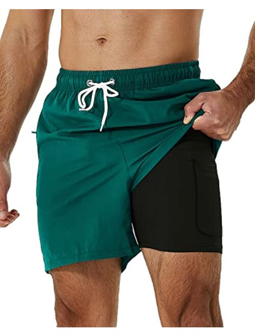 SILKWORLD Men's Swimming Trunks with Compression Liner 2 in 1 Quick-Dry Swim Shorts with Zipper Pockets