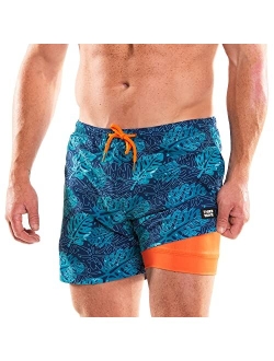 Third Wave Swim Trunks with Compression Liner - Men's Premium 5 Inch Inseam Quick Dry Swim Shorts for Beach and Swimming