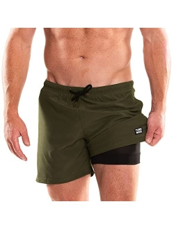 Third Wave Swim Trunks with Compression Liner - Men's Premium 5 Inch Inseam Quick Dry Swim Shorts for Beach and Swimming