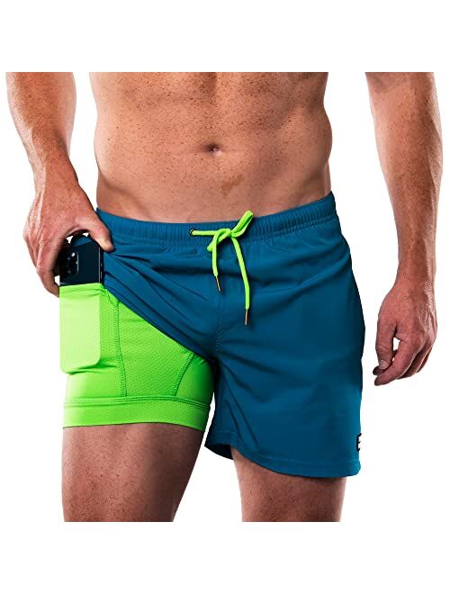 Third Wave Swim Trunks with Compression Liner - Men's Premium 5 Inch Inseam Quick Dry Swim Shorts for Beach and Swimming