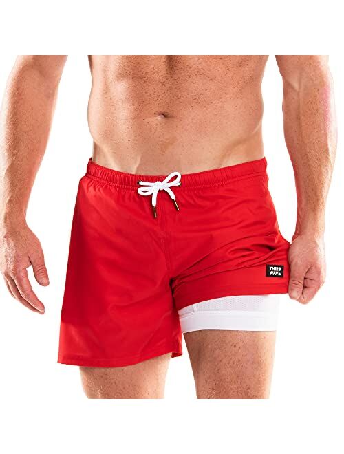 Third Wave Swim Trunks with Compression Liner - Men's Premium 5 Inch Inseam Quick Dry Swim Shorts for Beach and Swimming