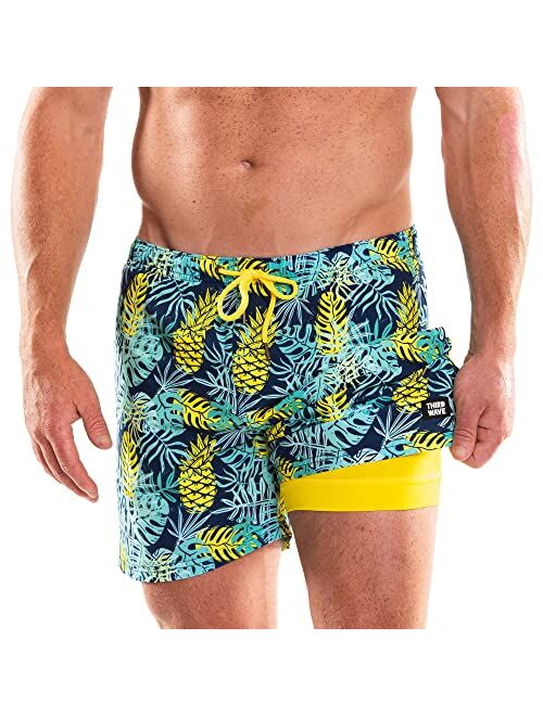 Third Wave Swim Trunks with Compression Liner - Men's Premium 5 Inch Inseam Quick Dry Swim Shorts for Beach and Swimming