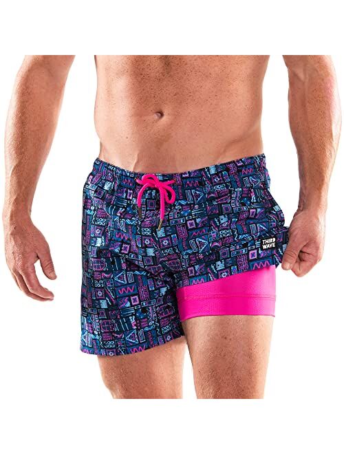 Third Wave Swim Trunks with Compression Liner - Men's Premium 5 Inch Inseam Quick Dry Swim Shorts for Beach and Swimming