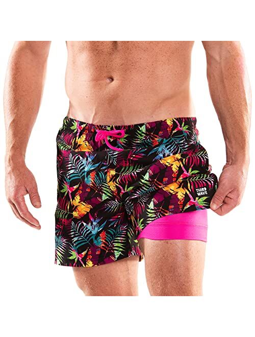 Third Wave Swim Trunks with Compression Liner - Men's Premium 5 Inch Inseam Quick Dry Swim Shorts for Beach and Swimming