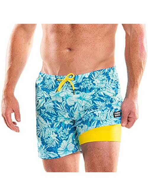 Third Wave Swim Trunks with Compression Liner - Men's Premium 5 Inch Inseam Quick Dry Swim Shorts for Beach and Swimming