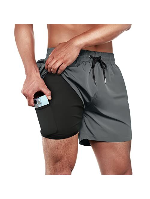 BRISIRA Swim Trunks Men Swim Shorts Quick Dry 5 inch Inseam Beach Shorts with Compression Liner and Zipper Pocket