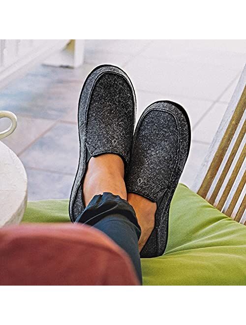 OluKai Moloa Hulu Men's Wool-Blend Slippers, Soft & Heathered Knit Slip On Shoes, Suede Leather Foxing, Drop-In Heel Design