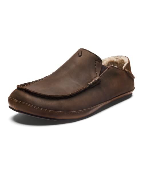 OluKai Moloa Slipper Men's Slippers, Premium Nubuck Leather Slip On Shoes, Shearling Lining & Gel Insert, Drop-In Heel Design