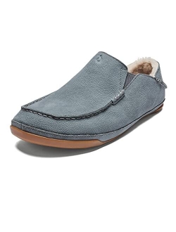 Kipuka Hulu Men's Leather Slippers, Premium Nubuck Leather Slip On Shoes, Shearling Lining & Gel Insert, Drop-In Heel Design