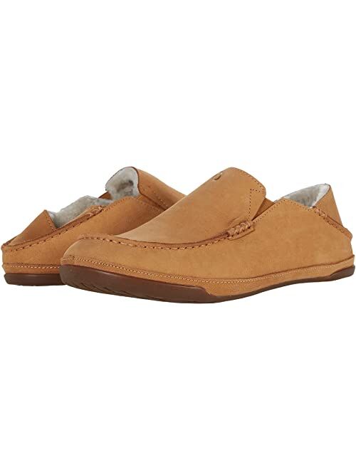 OluKai Kipuka Hulu Men's Leather Slippers, Premium Nubuck Leather Slip On Shoes, Shearling Lining & Gel Insert, Drop-In Heel Design