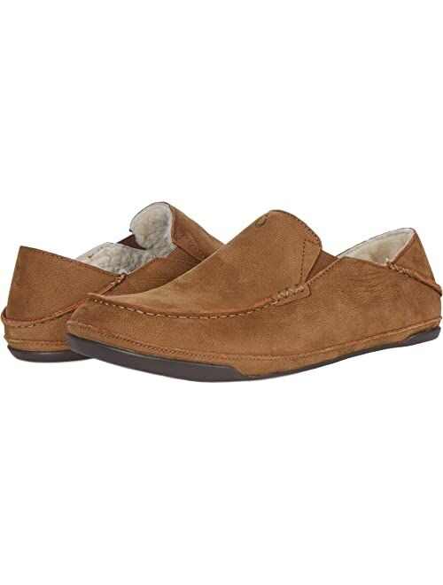 OluKai Kipuka Hulu Men's Leather Slippers, Premium Nubuck Leather Slip On Shoes, Shearling Lining & Gel Insert, Drop-In Heel Design