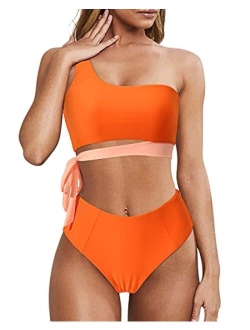 MOOSLOVER Women One Shoulder High Waisted Bikini Tie High Cut Two Piece Swimsuits