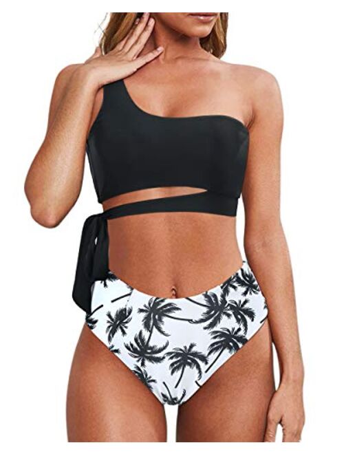 MOOSLOVER Women One Shoulder High Waisted Bikini Tie High Cut Two Piece Swimsuits