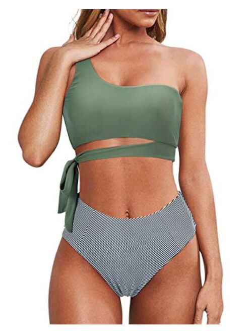 MOOSLOVER Women One Shoulder High Waisted Bikini Tie High Cut Two Piece Swimsuits