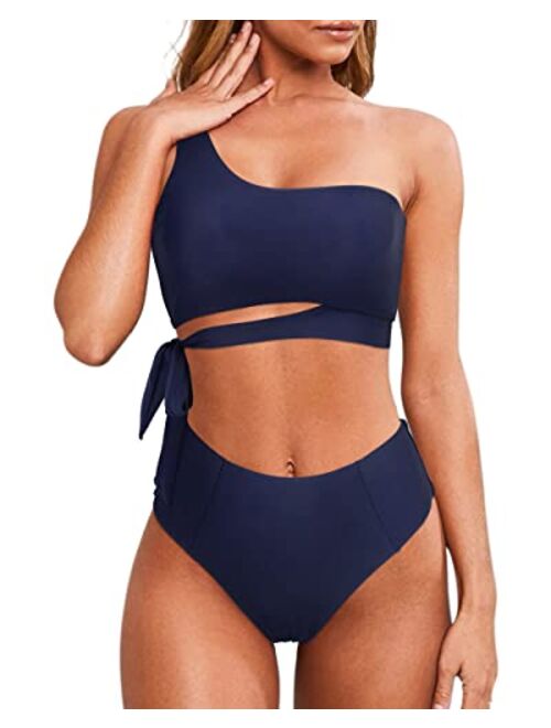 MOOSLOVER Women One Shoulder High Waisted Bikini Tie High Cut Two Piece Swimsuits