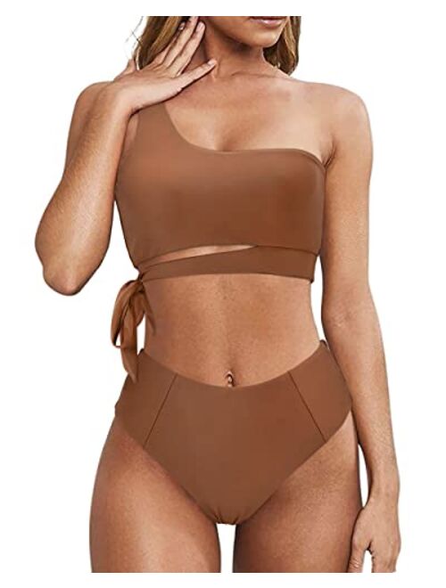 MOOSLOVER Women One Shoulder High Waisted Bikini Tie High Cut Two Piece Swimsuits