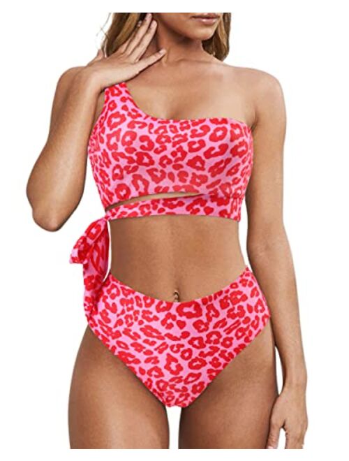 MOOSLOVER Women One Shoulder High Waisted Bikini Tie High Cut Two Piece Swimsuits