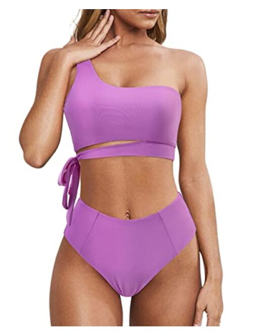 MOOSLOVER Women One Shoulder High Waisted Bikini Tie High Cut Two Piece Swimsuits