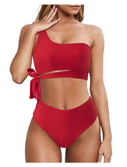 MOOSLOVER Women One Shoulder High Waisted Bikini Tie High Cut Two Piece Swimsuits