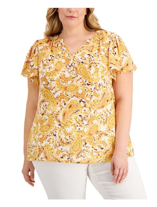 Kasper Plus Size Printed Flutter-Sleeve Top