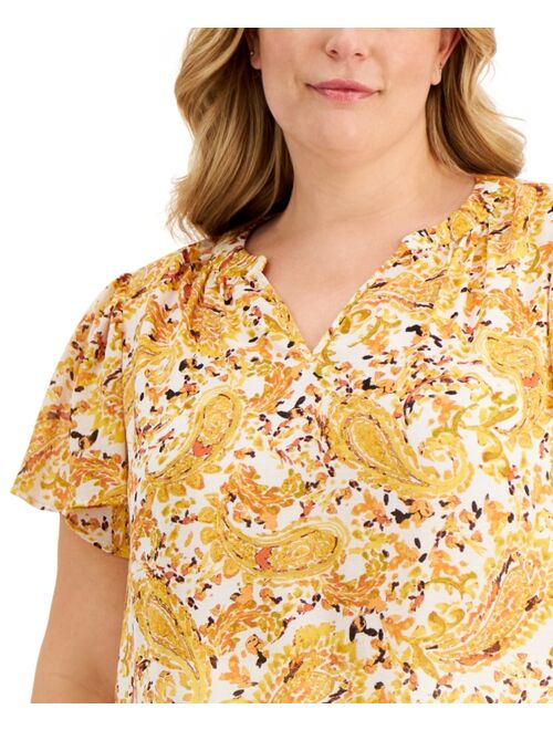 Kasper Plus Size Printed Flutter-Sleeve Top