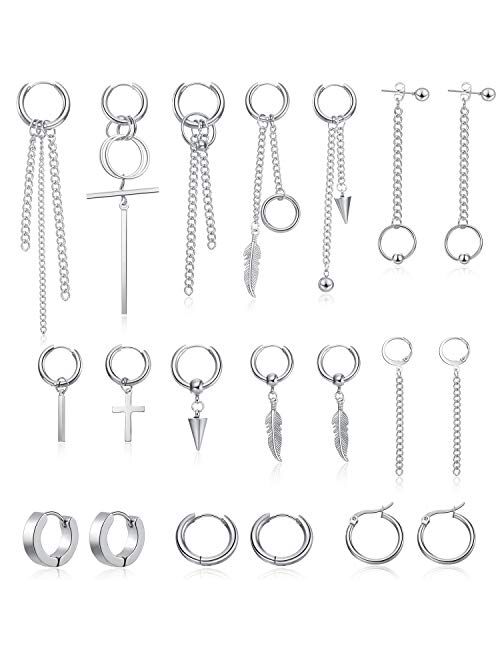 Hicarer 20 Piece Huggie Hoop Earring Stainless Steel Dangle Hinged Feather Earring Long Chain Pendant Earring