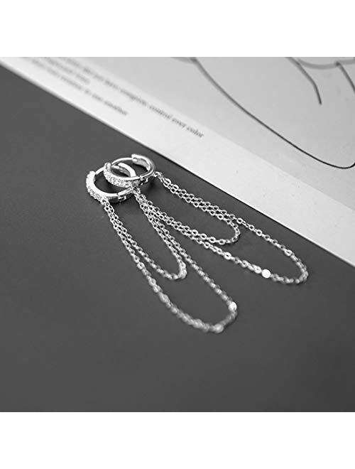 SLUYNZ 925 Sterling Silver CZ Small Hoop Earrings Tassel Chain for Women Teen Girls Minimalism Huggie Earrings Dangle