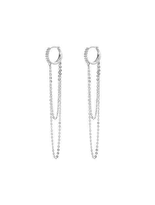 SLUYNZ 925 Sterling Silver CZ Small Hoop Earrings Tassel Chain for Women Teen Girls Minimalism Huggie Earrings Dangle