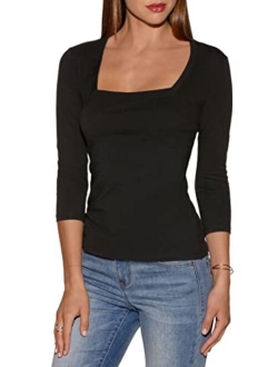 Boston Proper So Sexy Solid Color Women's Three Quarter Sleeve Square Neck Knit Top