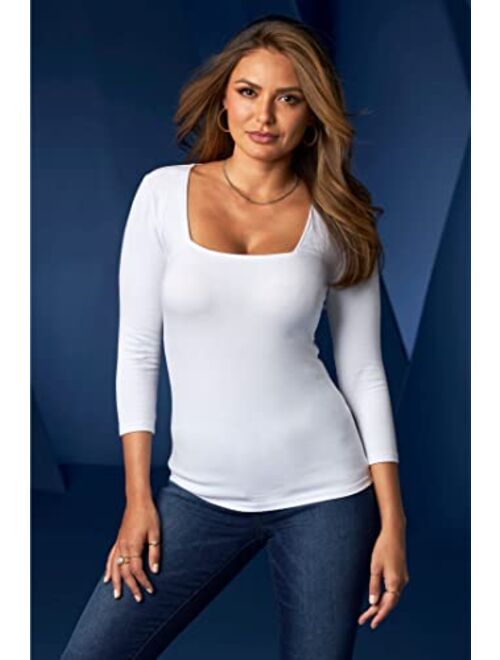 Boston Proper So Sexy Solid Color Women's Three Quarter Sleeve Square Neck Knit Top