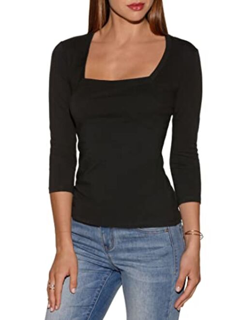 Boston Proper So Sexy Solid Color Women's Three Quarter Sleeve Square Neck Knit Top