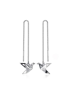Origami Paper Crane Dangle Drop Earrings Sterling Silver Good Luck Cute Tassel Threader Long Chain Ear Line Stud Earring Minimalist Jewelry Gifts Hypoallergenic fo
