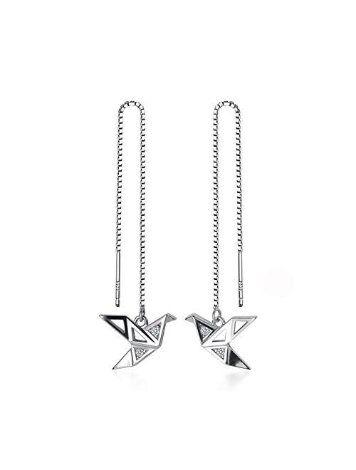 Kokoma Origami Paper Crane Dangle Drop Earrings Sterling Silver Good Luck Cute Tassel Threader Long Chain Ear Line Stud Earring Minimalist Jewelry Gifts Hypoallergenic fo