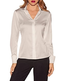 Boston Proper Silky Charmeuse Button Down Blouse for Women Long Sleeve with French Cuffs, Solid Color