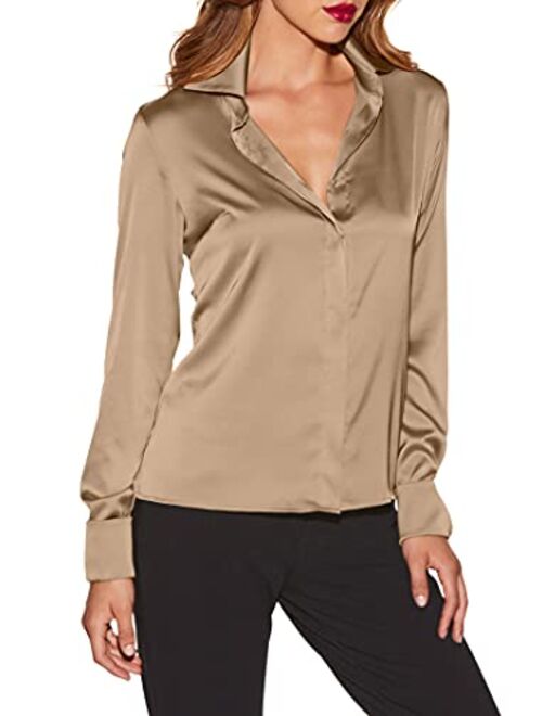 Boston Proper Silky Charmeuse Button Down Blouse for Women Long Sleeve with French Cuffs, Solid Color