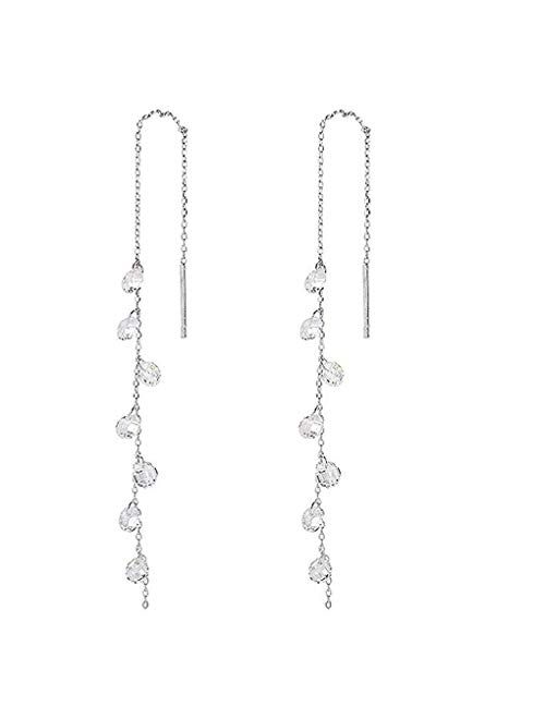 SLUYNZ 925 Sterling Silver Sparkling CZ Droplet Dangle Earrings for Women Teen Girls Elegant Long Threader Earrings